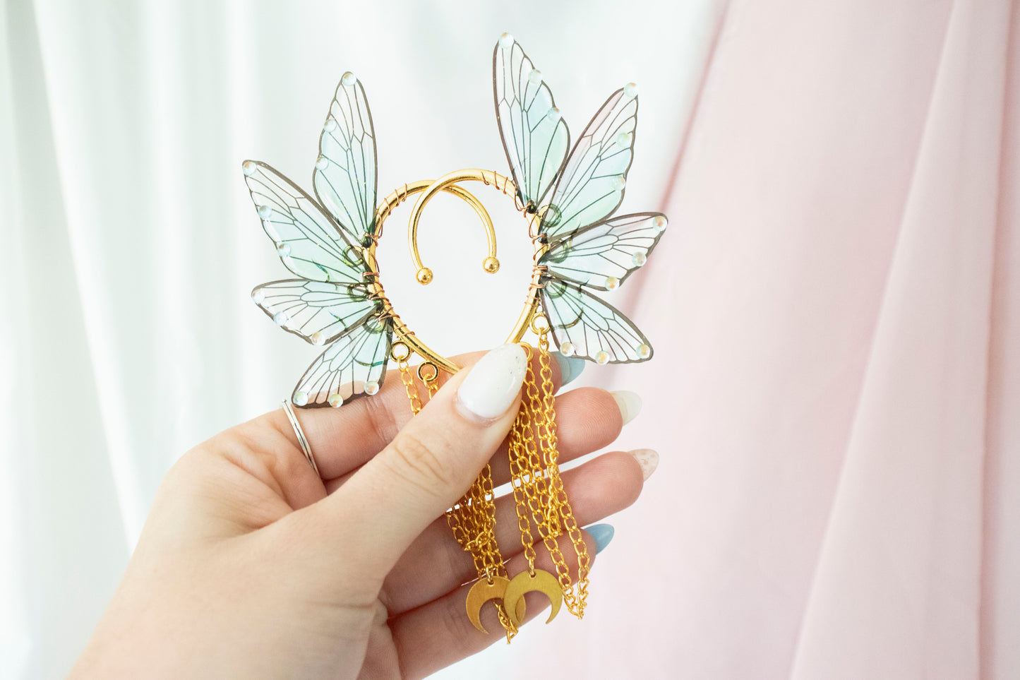 Gold + Teal Moon Fairy Wing Ear Cuffs