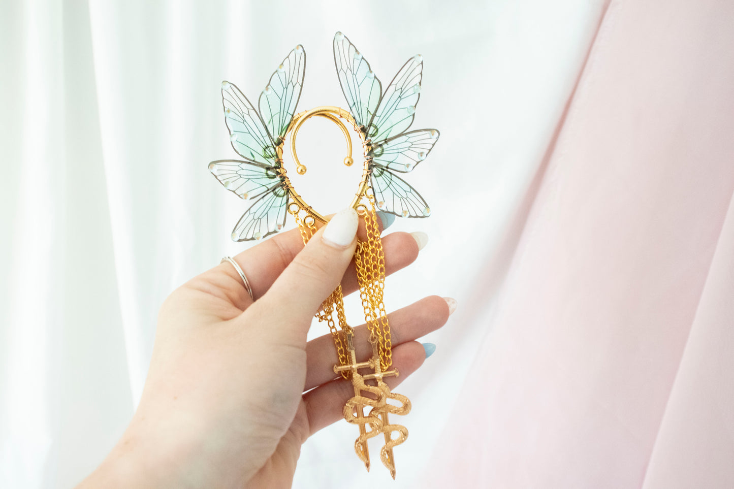 Gold + Teal Snake Fairy Wing Ear Cuffs