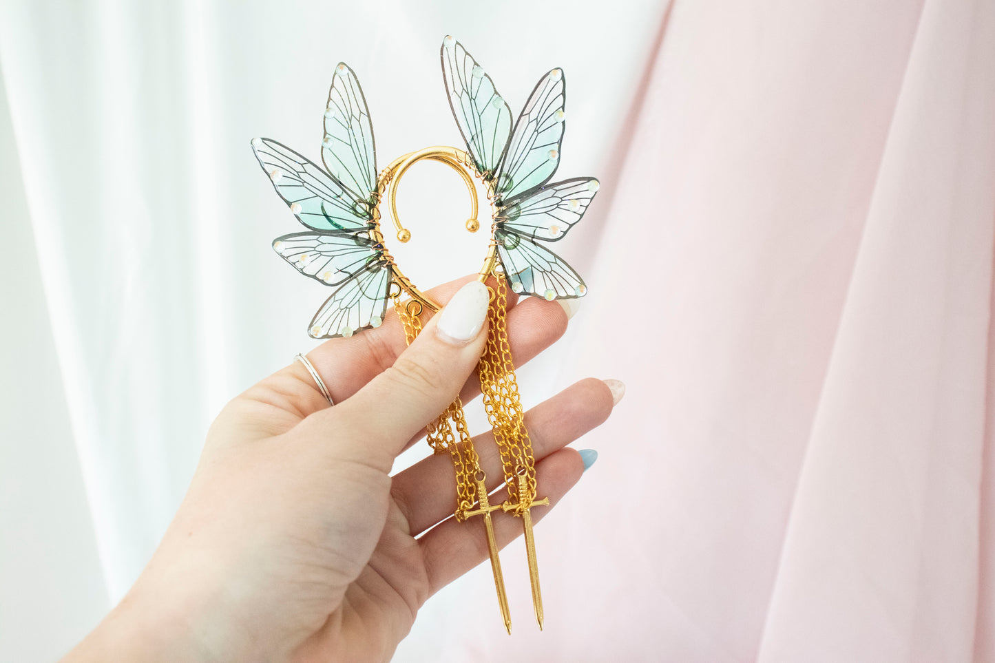 Gold + Teal Sword Fairy Wing Ear Cuffs