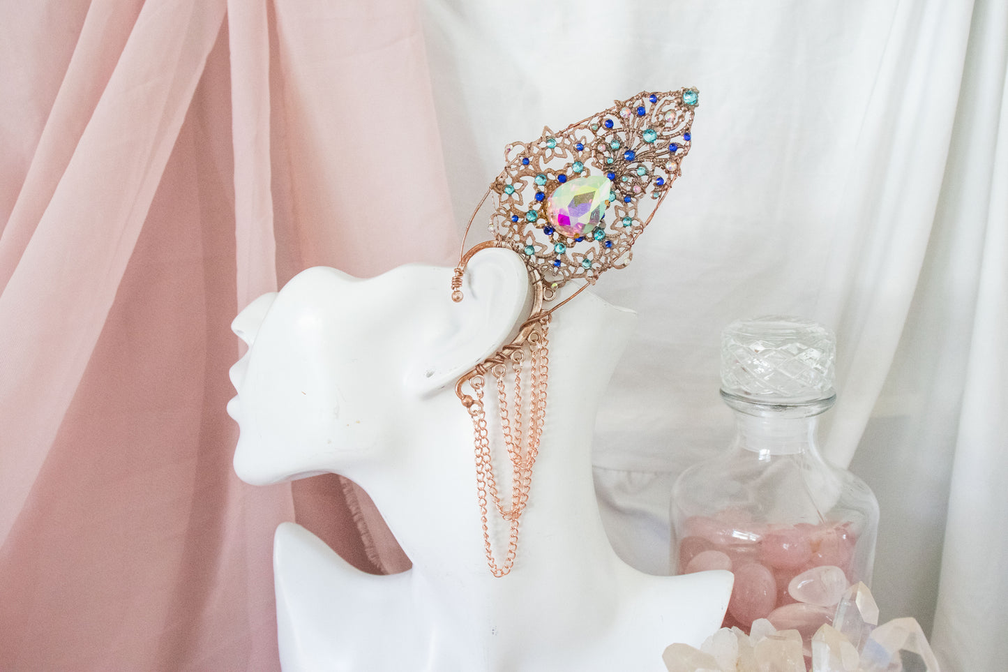 Rose Gold + Crystal High Fae Elf Ear Cuffs