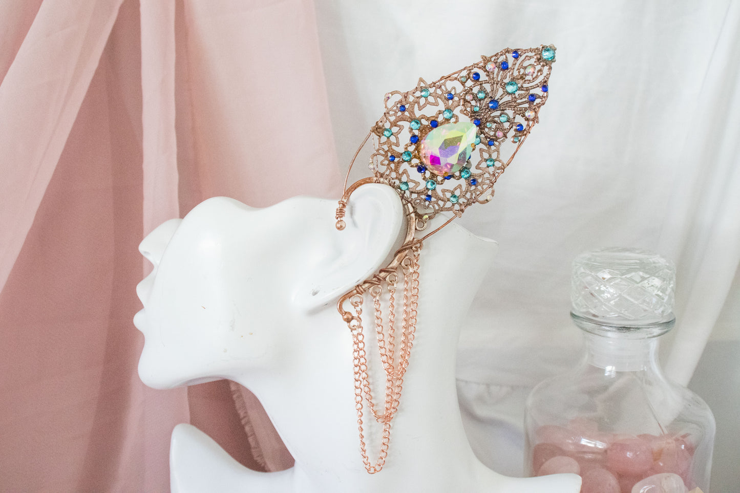 Rose Gold + Crystal High Fae Elf Ear Cuffs