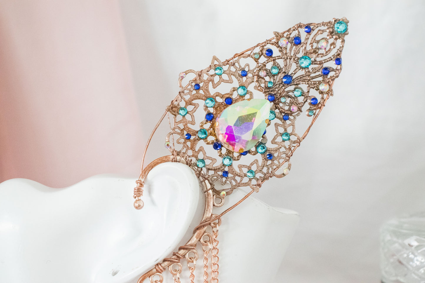 Rose Gold + Crystal High Fae Elf Ear Cuffs