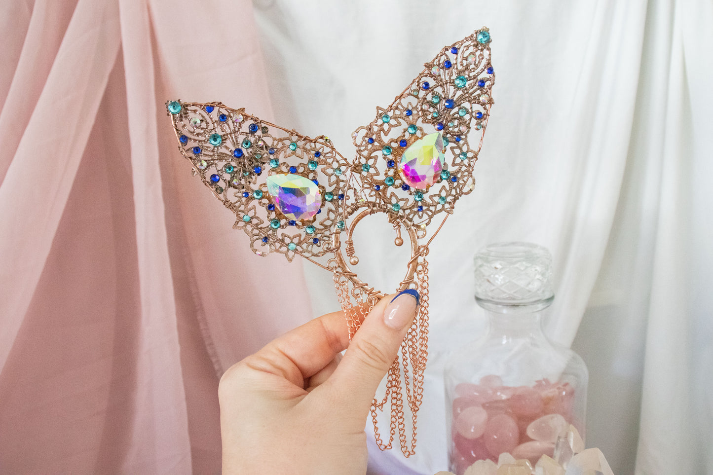 Rose Gold + Crystal High Fae Elf Ear Cuffs