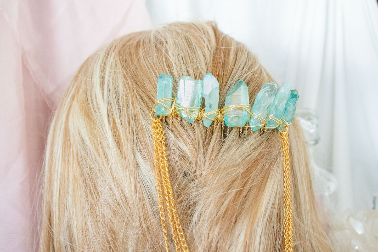 Gold + Teal Crystal Hair Comb