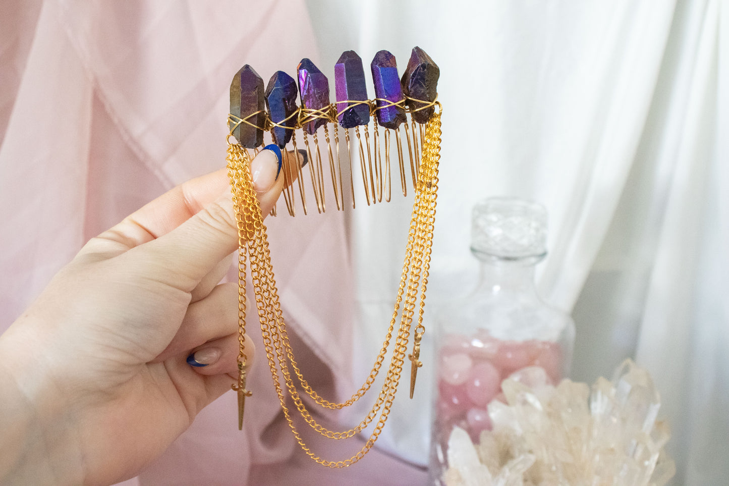 Gold + Purple Sword Crystal Hair Comb