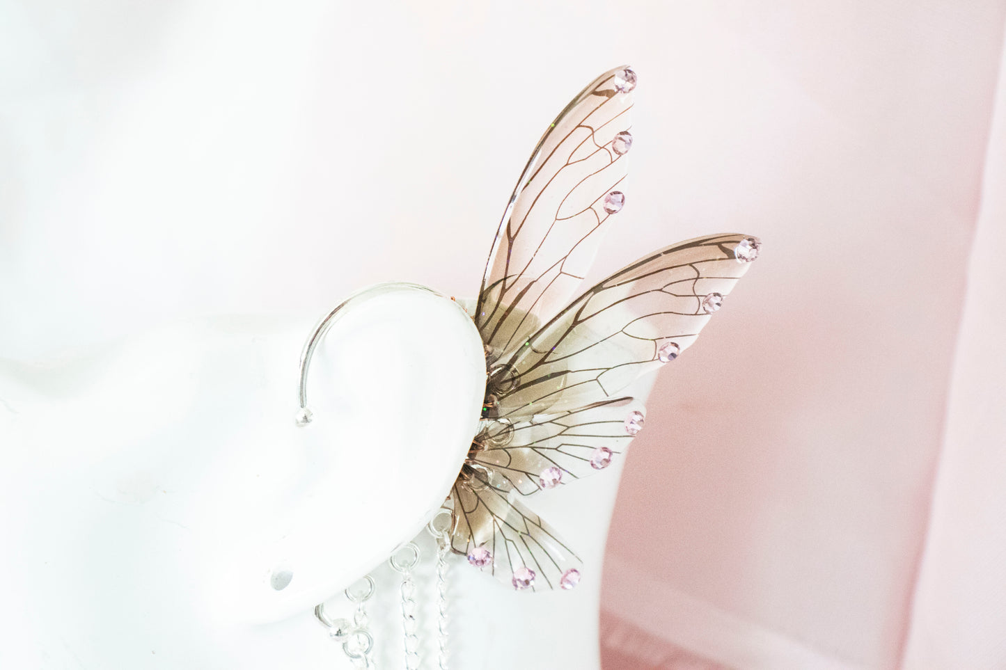 Silver + Brown Feather + Crystal Fairy Wing Ear Cuffs