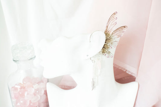 Silver + Brown Feather + Crystal Fairy Wing Ear Cuffs