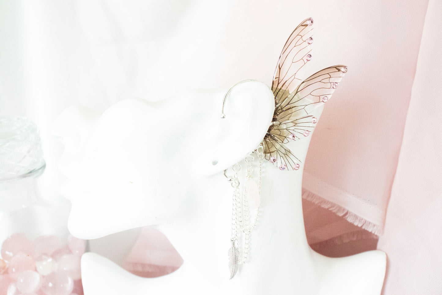 Silver + Brown Feather + Crystal Fairy Wing Ear Cuffs