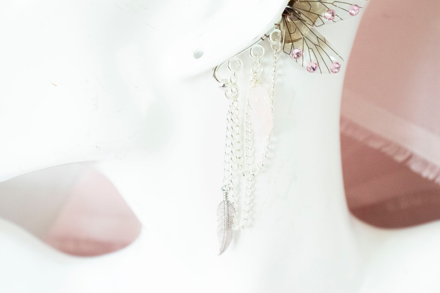 Silver + Brown Feather + Crystal Fairy Wing Ear Cuffs