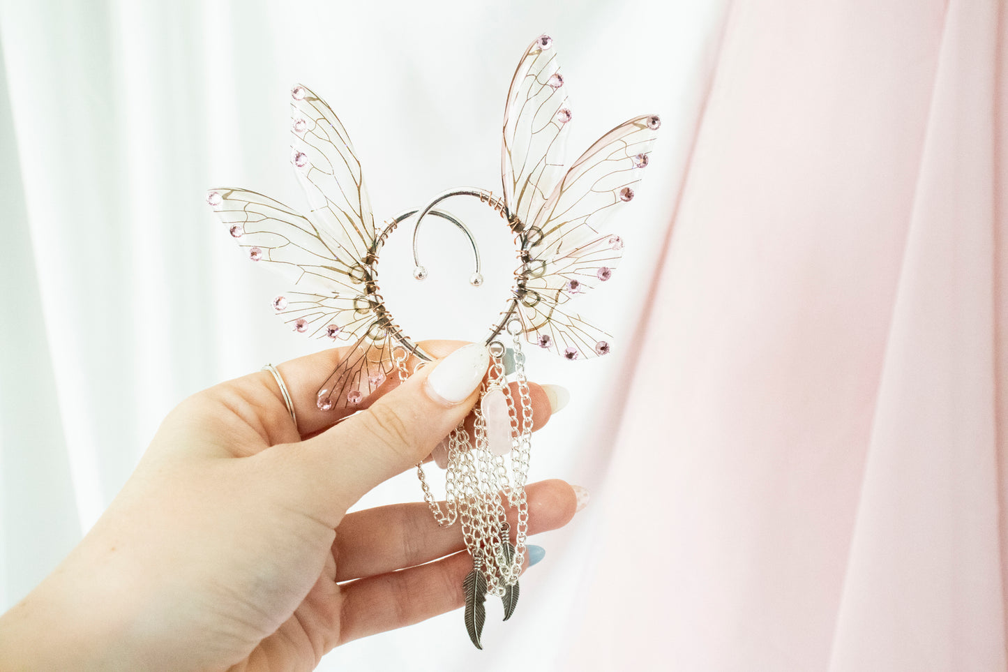 Silver + Brown Feather + Crystal Fairy Wing Ear Cuffs