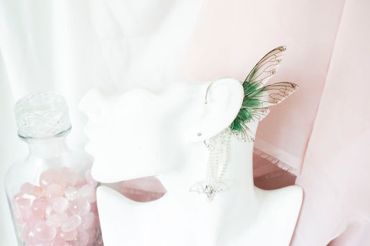 Silver + Green Bat + Crystals Fairy Wing Ear Cuffs
