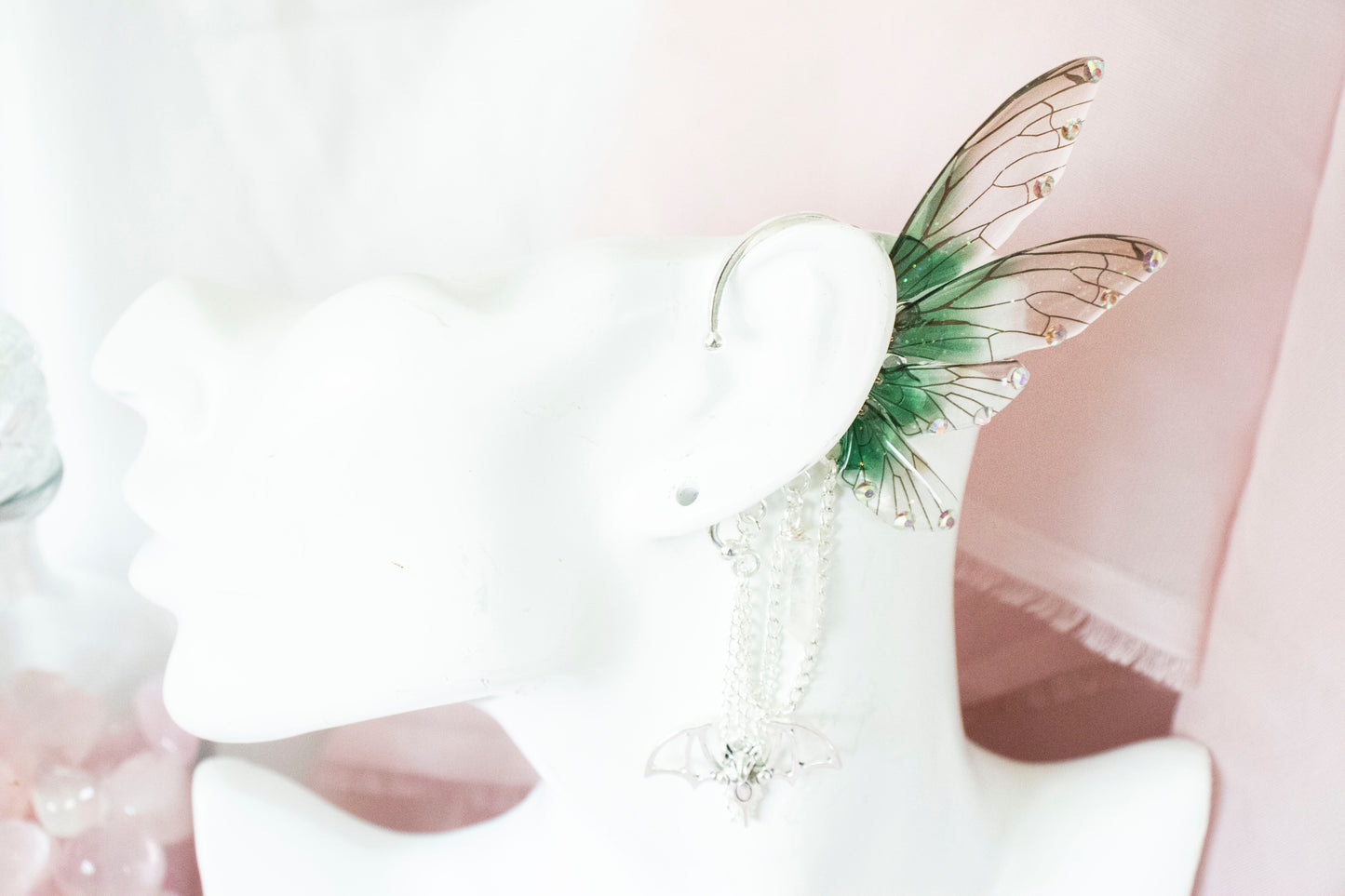 Silver + Green Bat + Crystals Fairy Wing Ear Cuffs