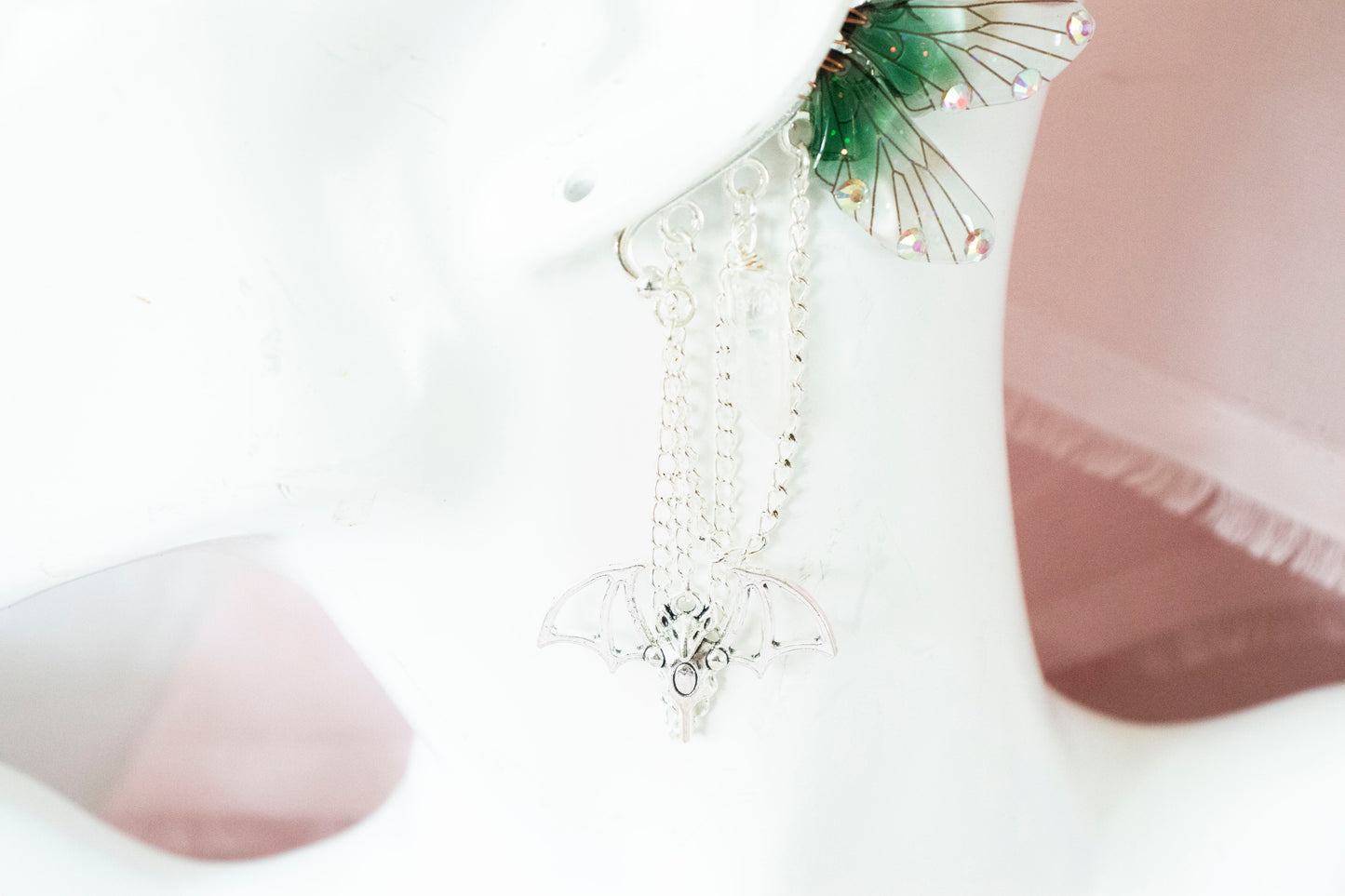 Silver + Green Bat + Crystals Fairy Wing Ear Cuffs