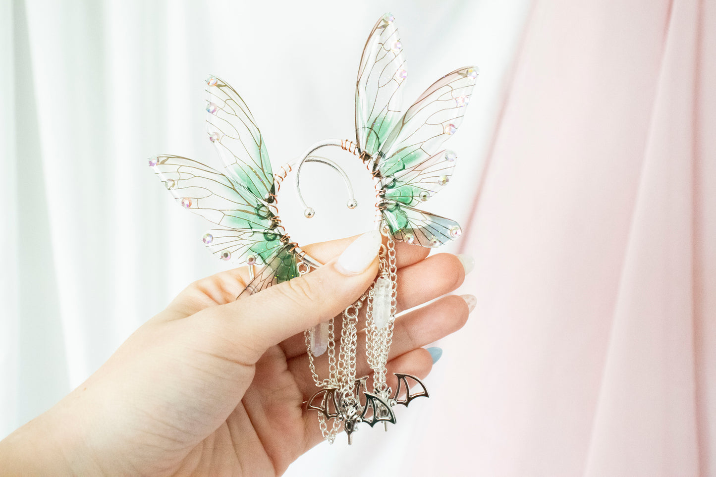 Silver + Green Bat + Crystals Fairy Wing Ear Cuffs