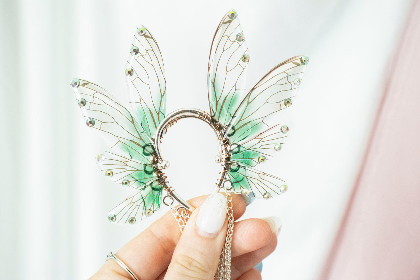 Silver + Green Bat + Crystals Fairy Wing Ear Cuffs