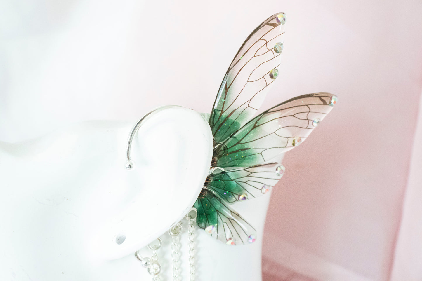 Silver + Green Moth Fairy Wing Ear Cuffs