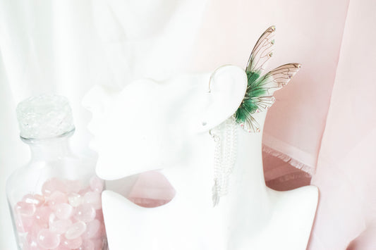 Silver + Green Feather Fairy Wing Ear Cuffs