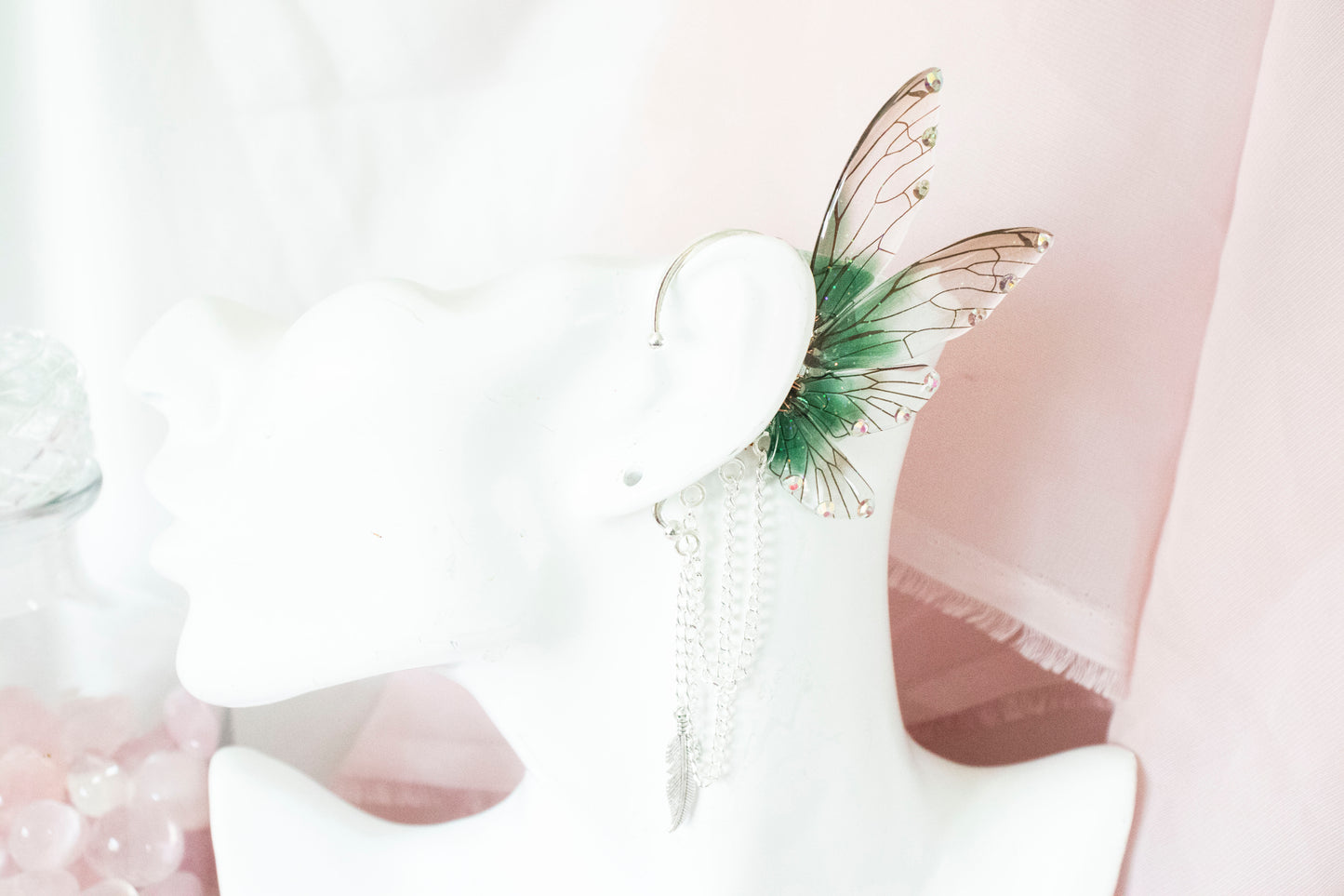 Silver + Green Feather Fairy Wing Ear Cuffs