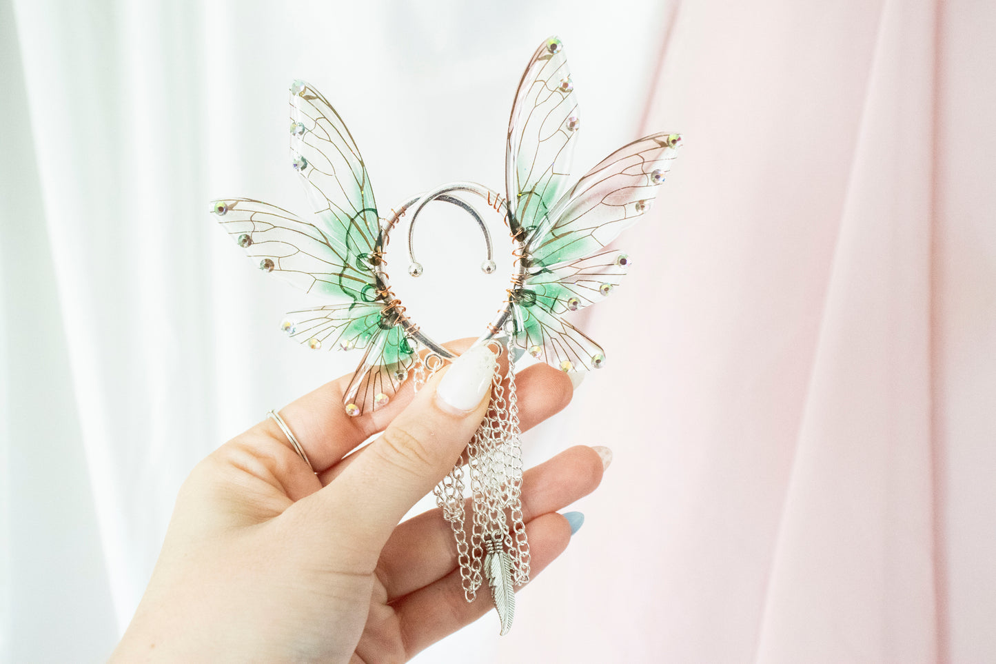 Silver + Green Feather Fairy Wing Ear Cuffs