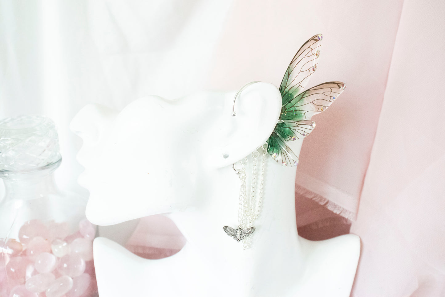 Silver + Green Moth Fairy Wing Ear Cuffs