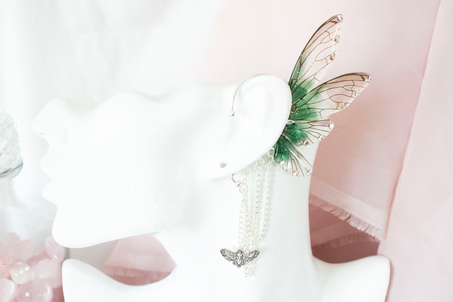 Silver + Green Moth Fairy Wing Ear Cuffs