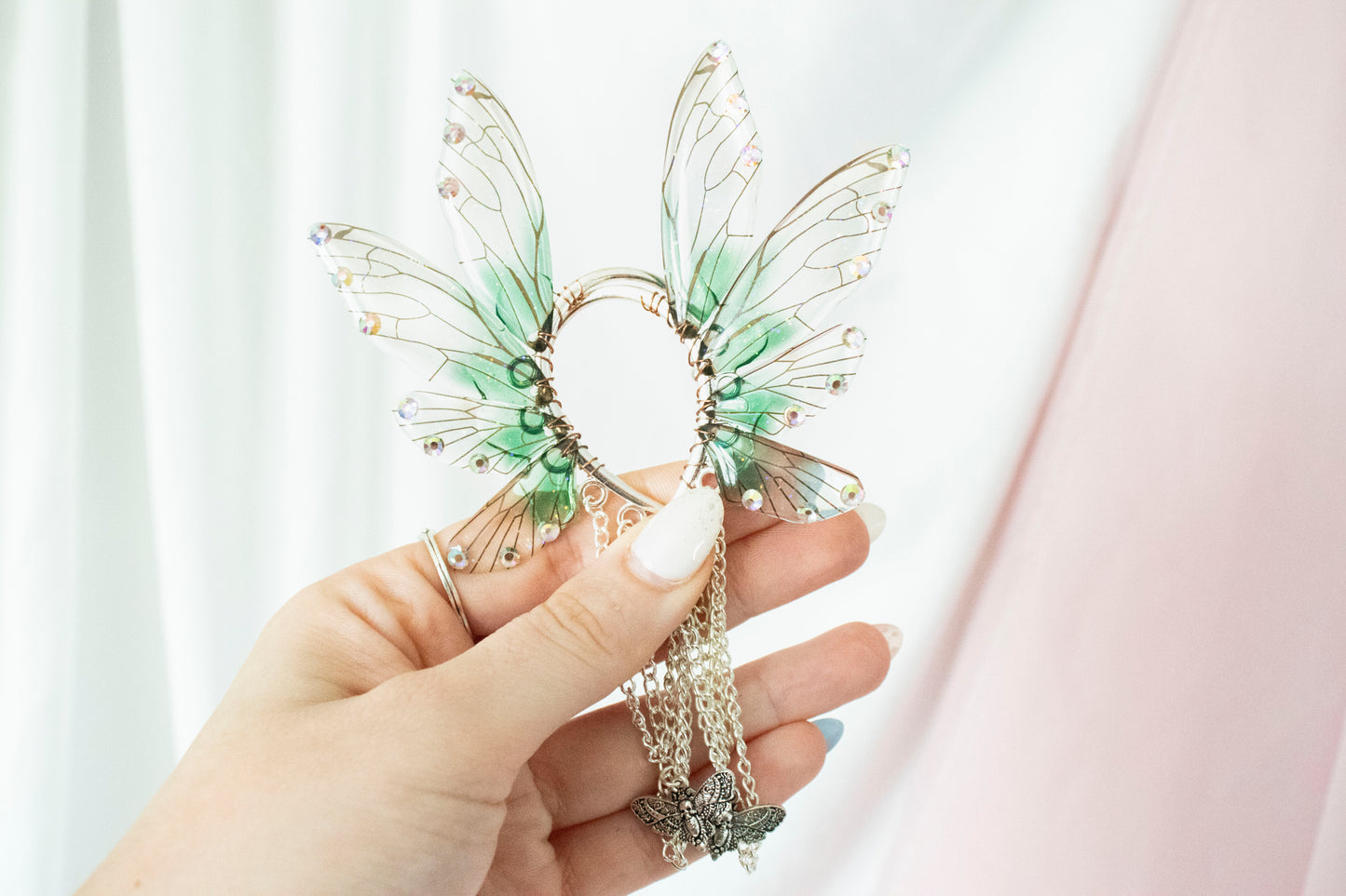 Silver + Green Moth Fairy Wing Ear Cuffs