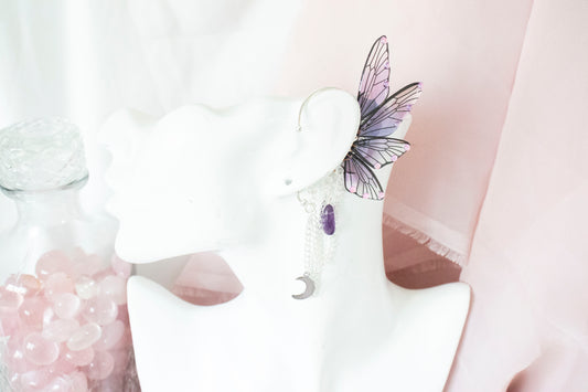 Silver + Purple Moon + Crystal Fairy Wing Ear Cuffs