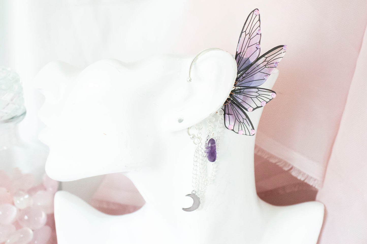 Silver + Purple Moon + Crystal Fairy Wing Ear Cuffs