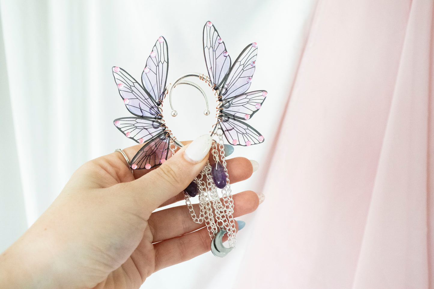 Silver + Purple Moon + Crystal Fairy Wing Ear Cuffs
