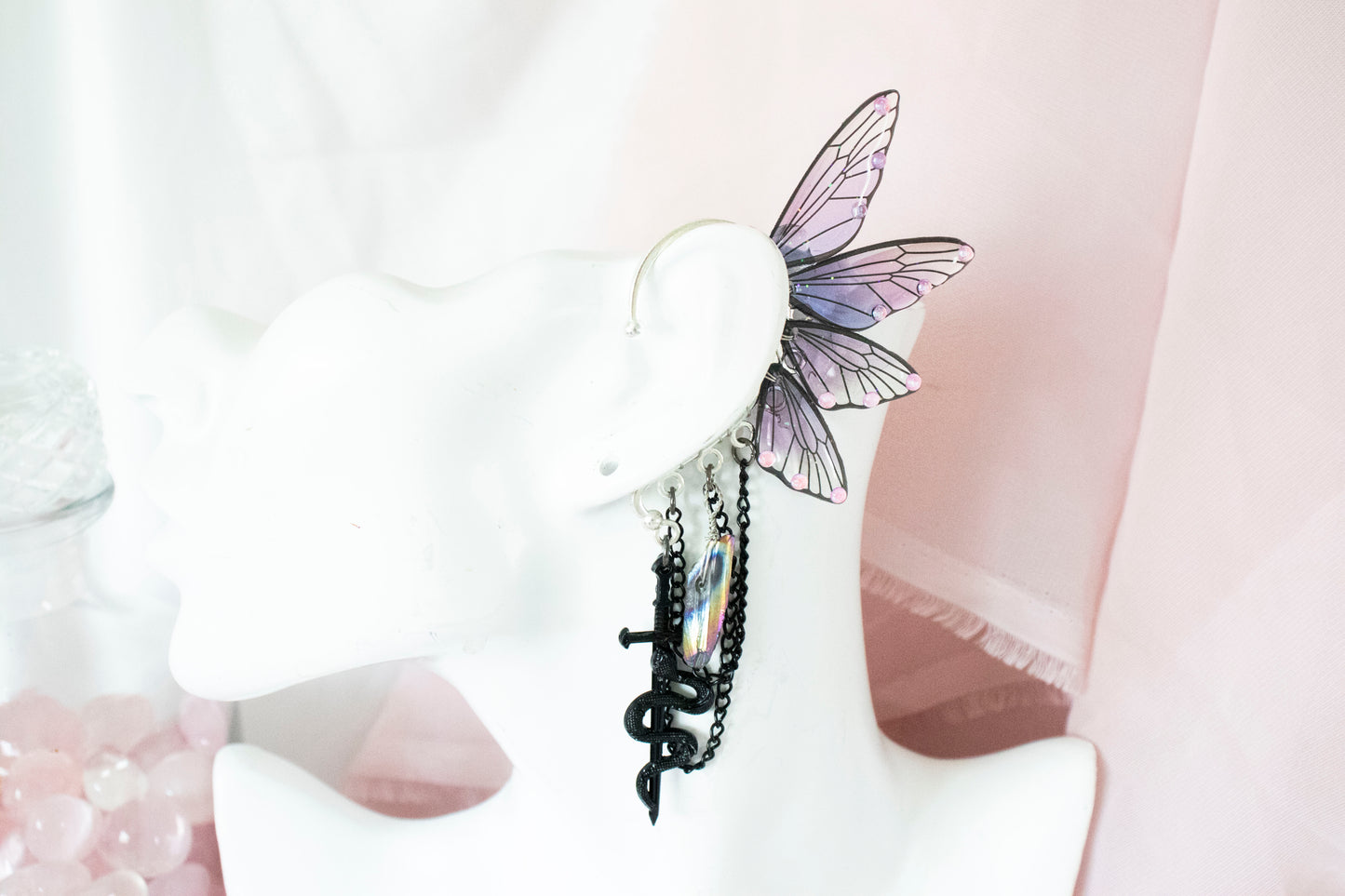 Black + Purple Snake + Crystal Fairy Wing Ear Cuffs