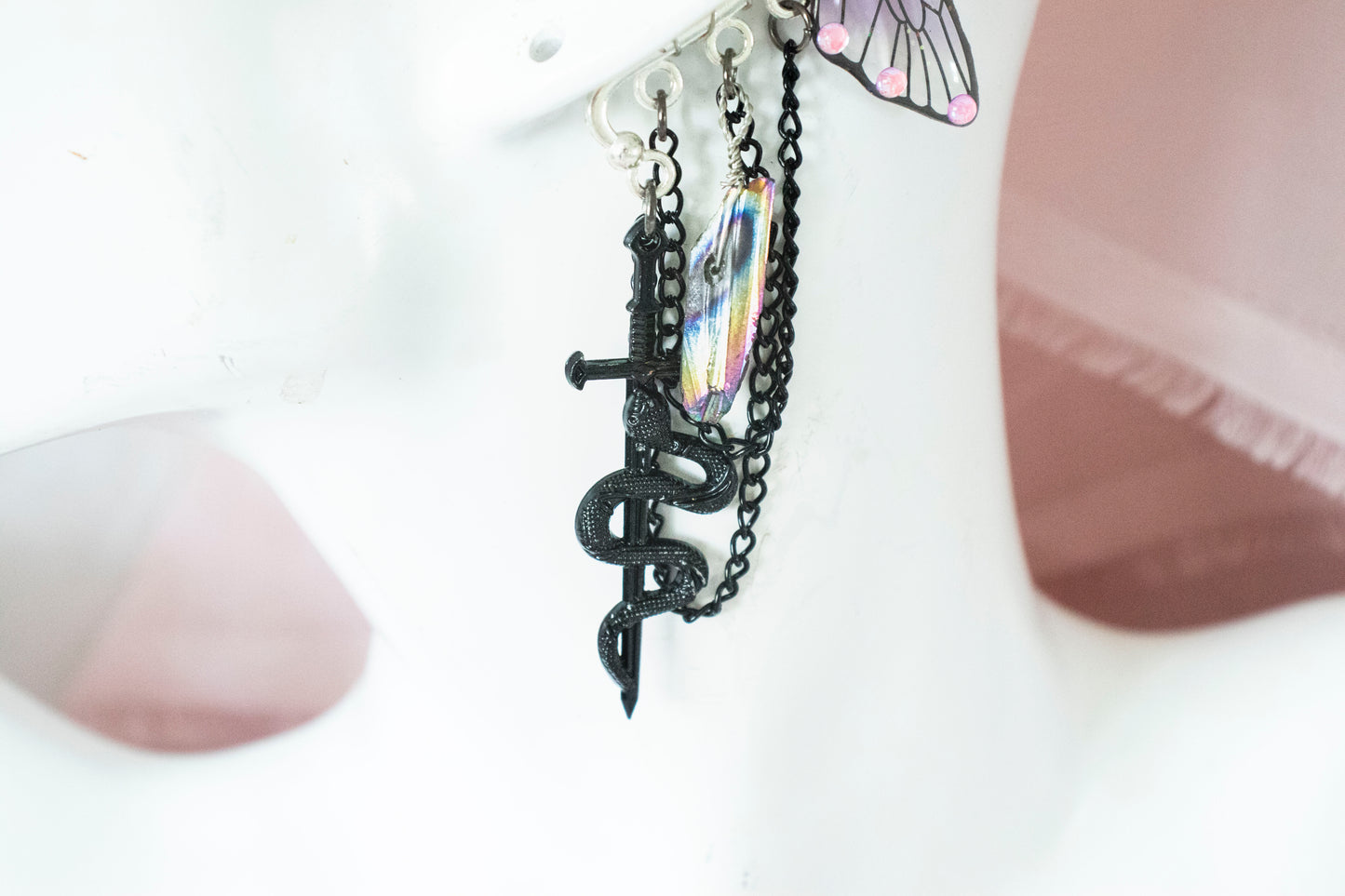 Black + Purple Snake + Crystal Fairy Wing Ear Cuffs