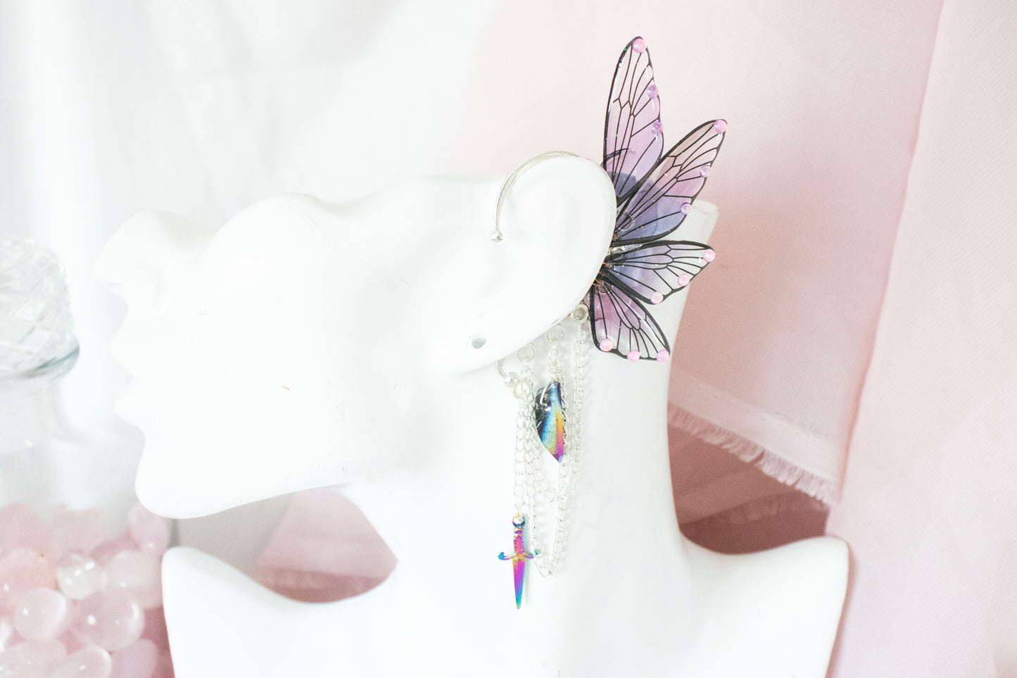Silver + Purple Dagger + Crystal Fairy Wing Ear Cuffs