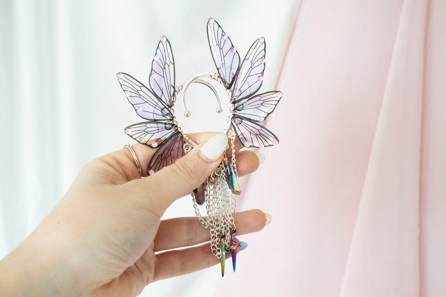 Silver + Purple Dagger + Crystal Fairy Wing Ear Cuffs