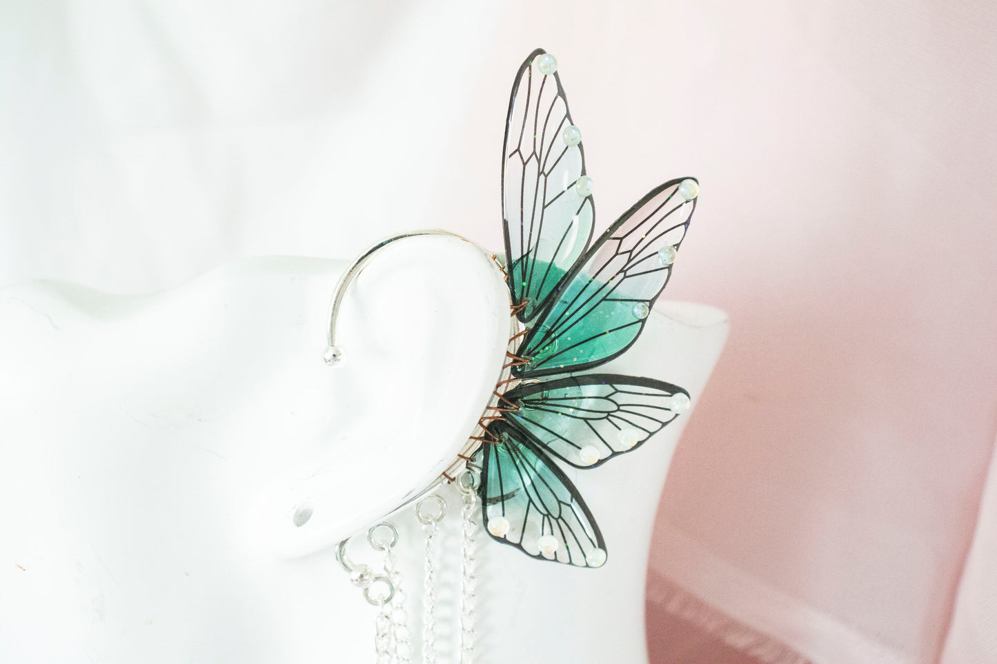 Silver + Teal Feather Fairy Wing Ear Cuffs