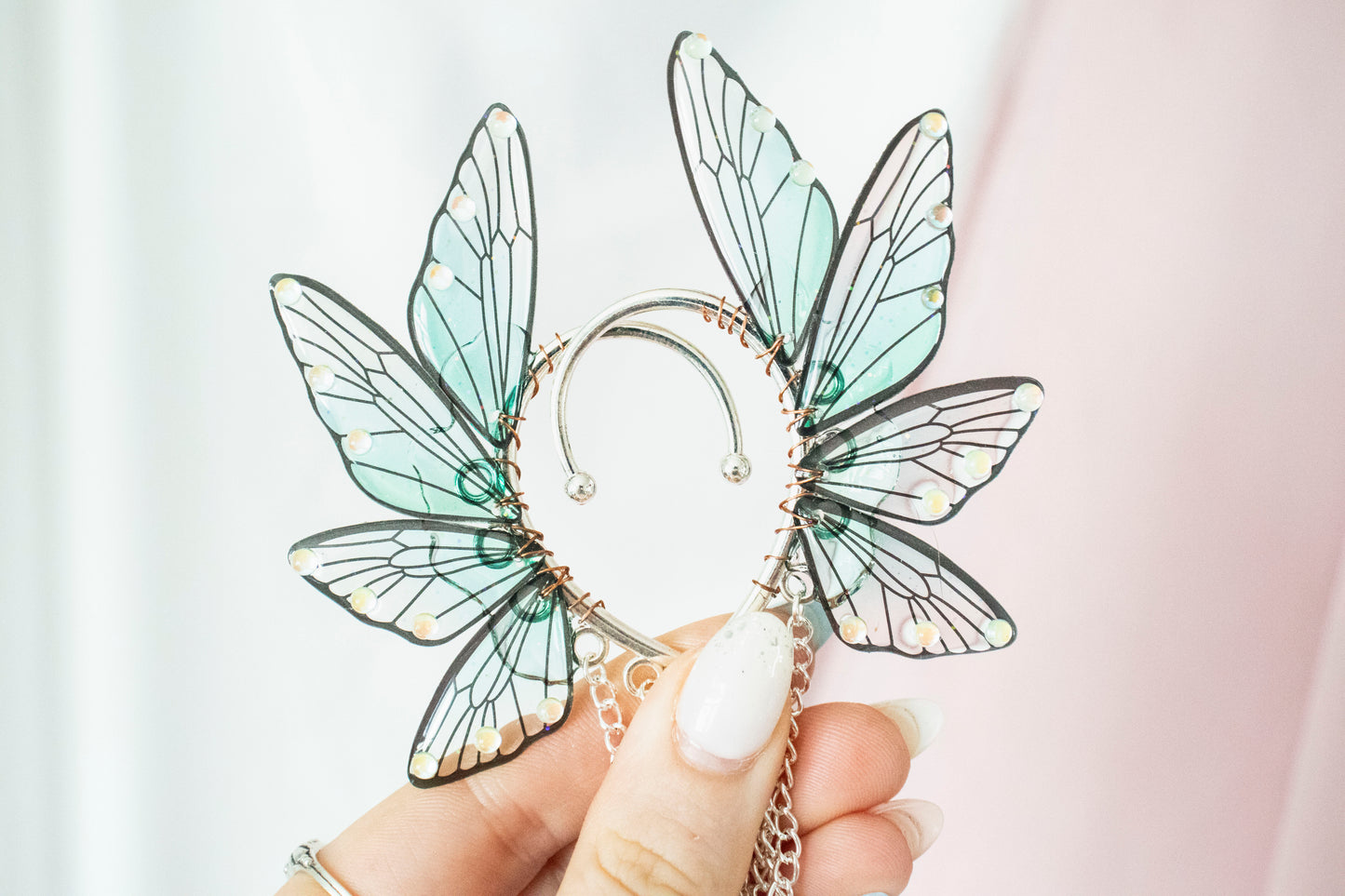 Silver + Teal Moth + Crystals Fairy Wing Ear Cuffs (Copy)