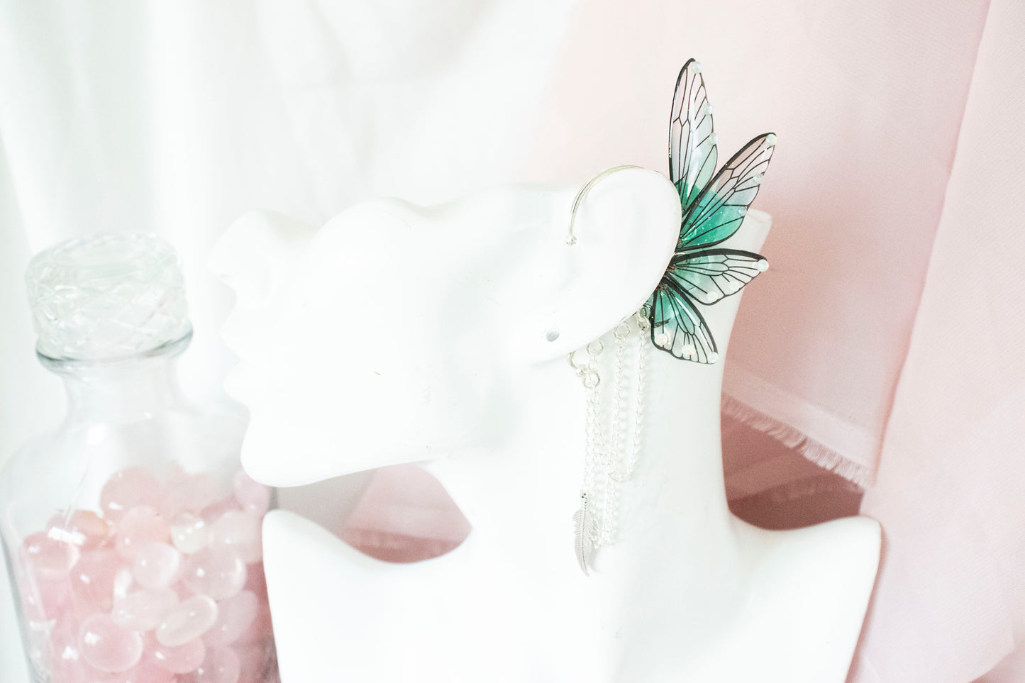 Silver + Teal Feather Fairy Wing Ear Cuffs
