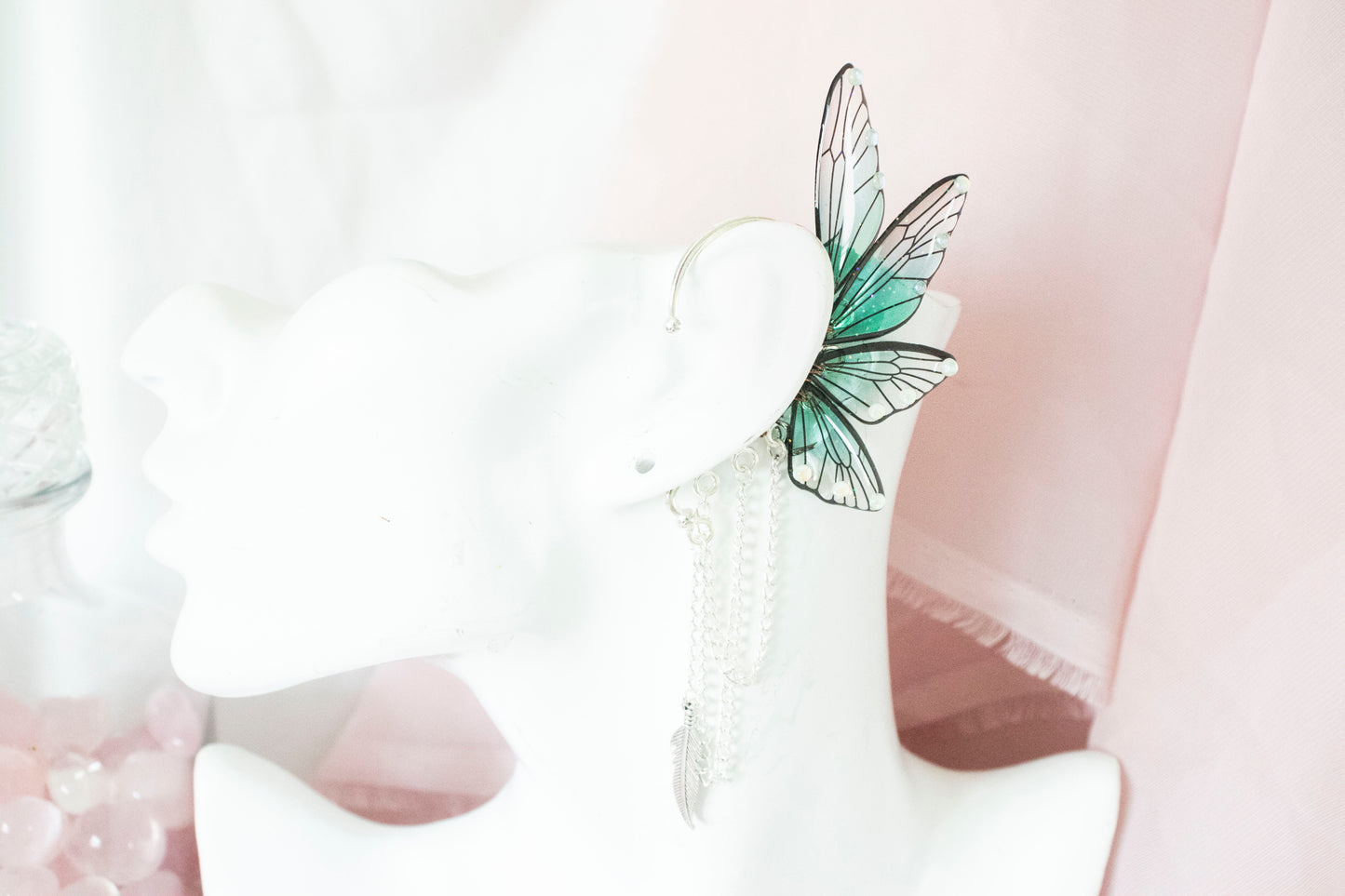 Silver + Teal Feather Fairy Wing Ear Cuffs
