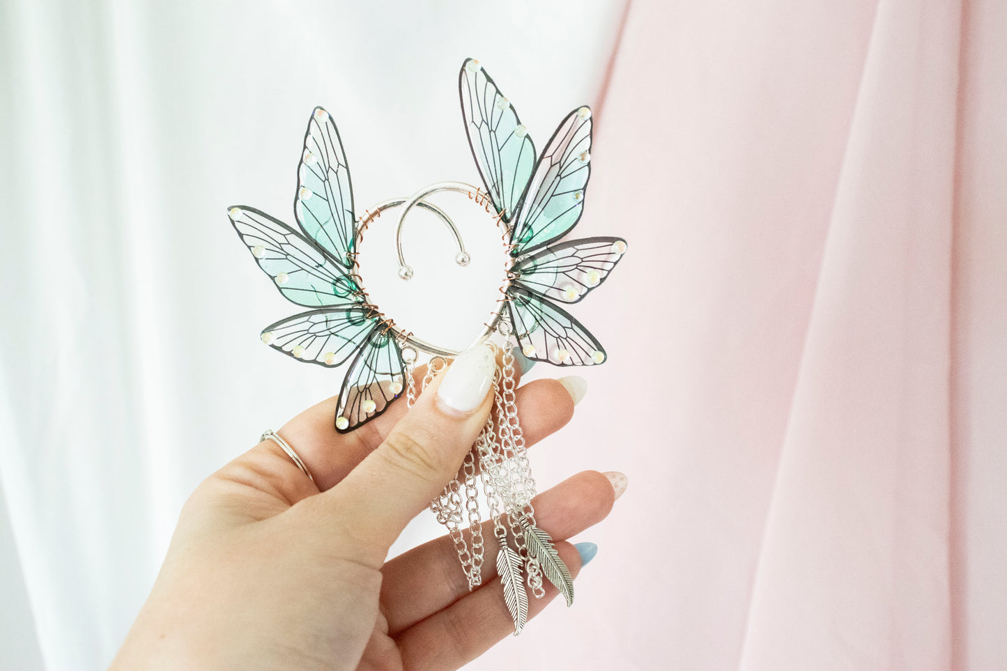 Silver + Teal Feather Fairy Wing Ear Cuffs