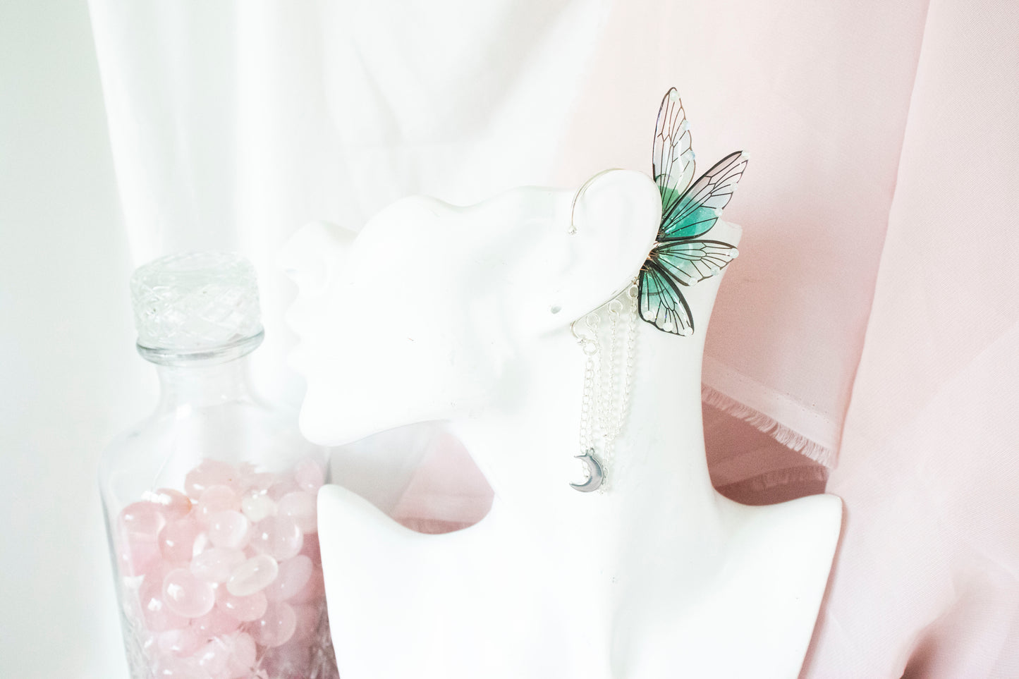 Silver + Teal Moon Fairy Wing Ear Cuffs