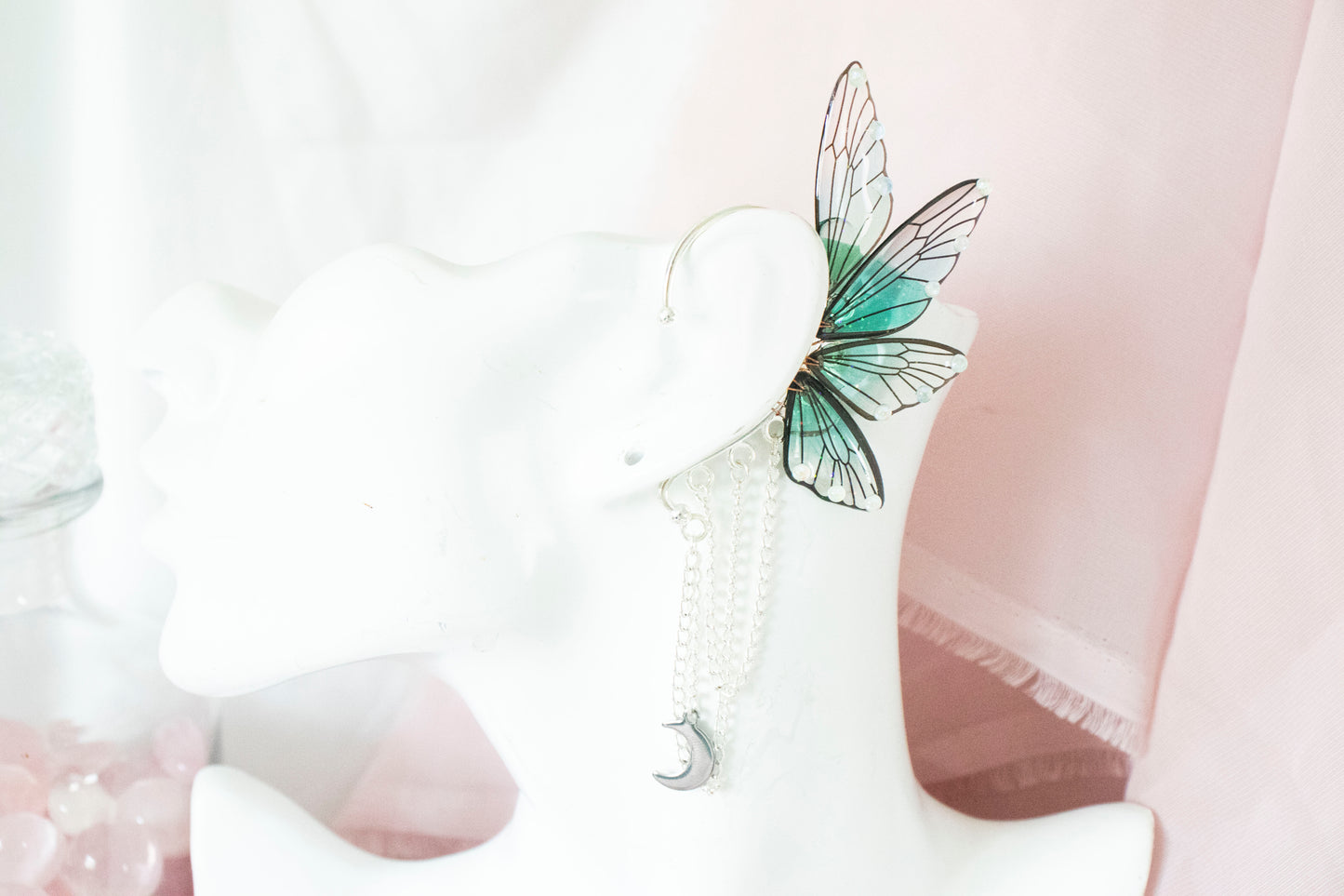 Silver + Teal Moon Fairy Wing Ear Cuffs