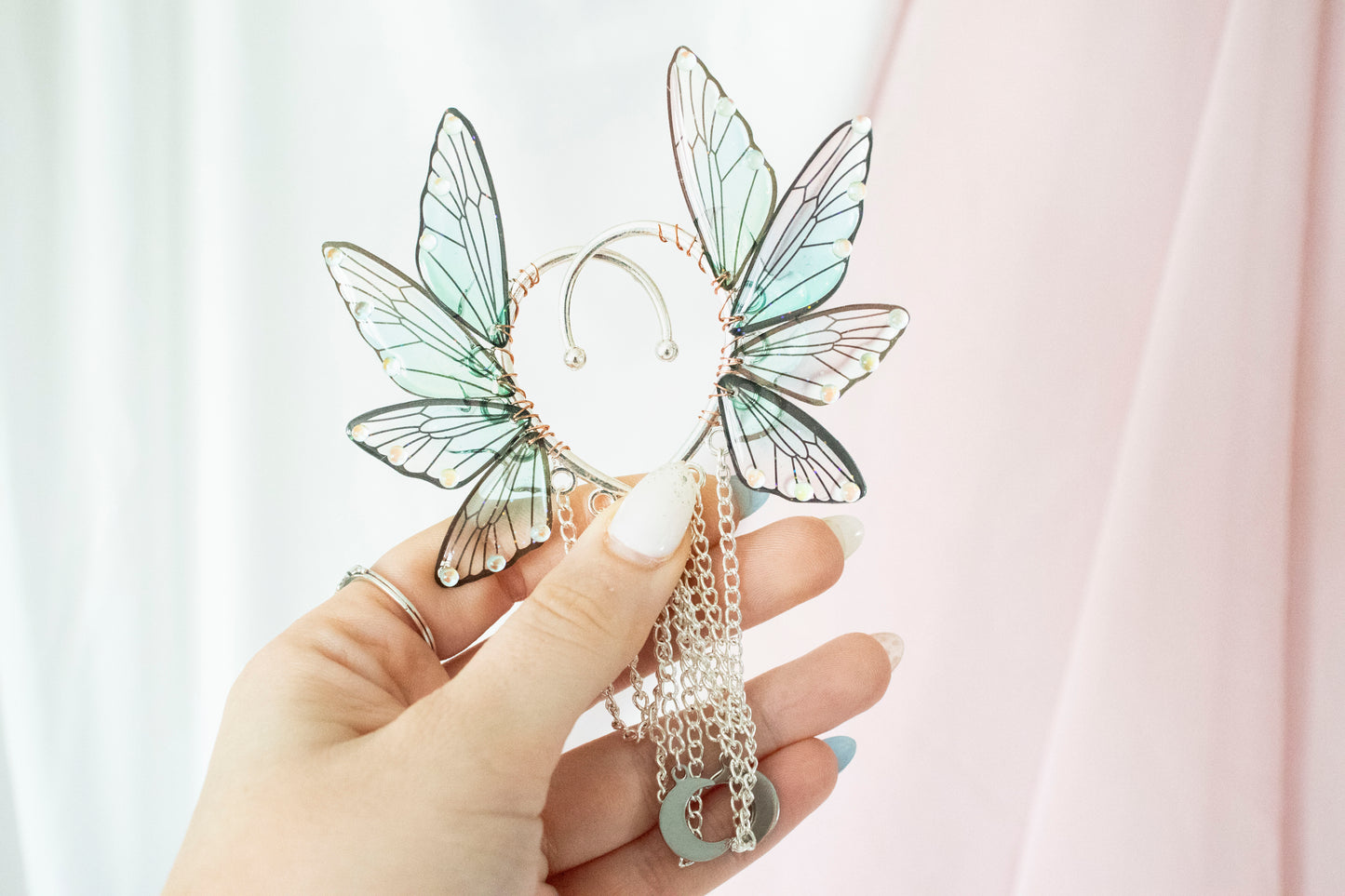 Silver + Teal Moon Fairy Wing Ear Cuffs