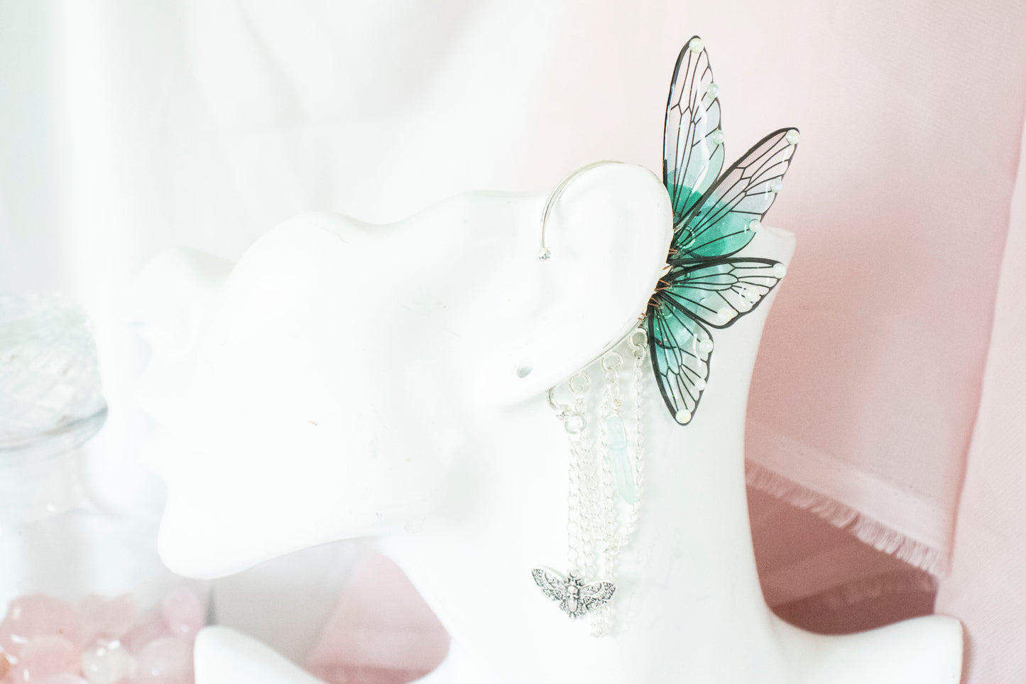 Silver + Teal Moth + Crystals Fairy Wing Ear Cuffs (Copy)