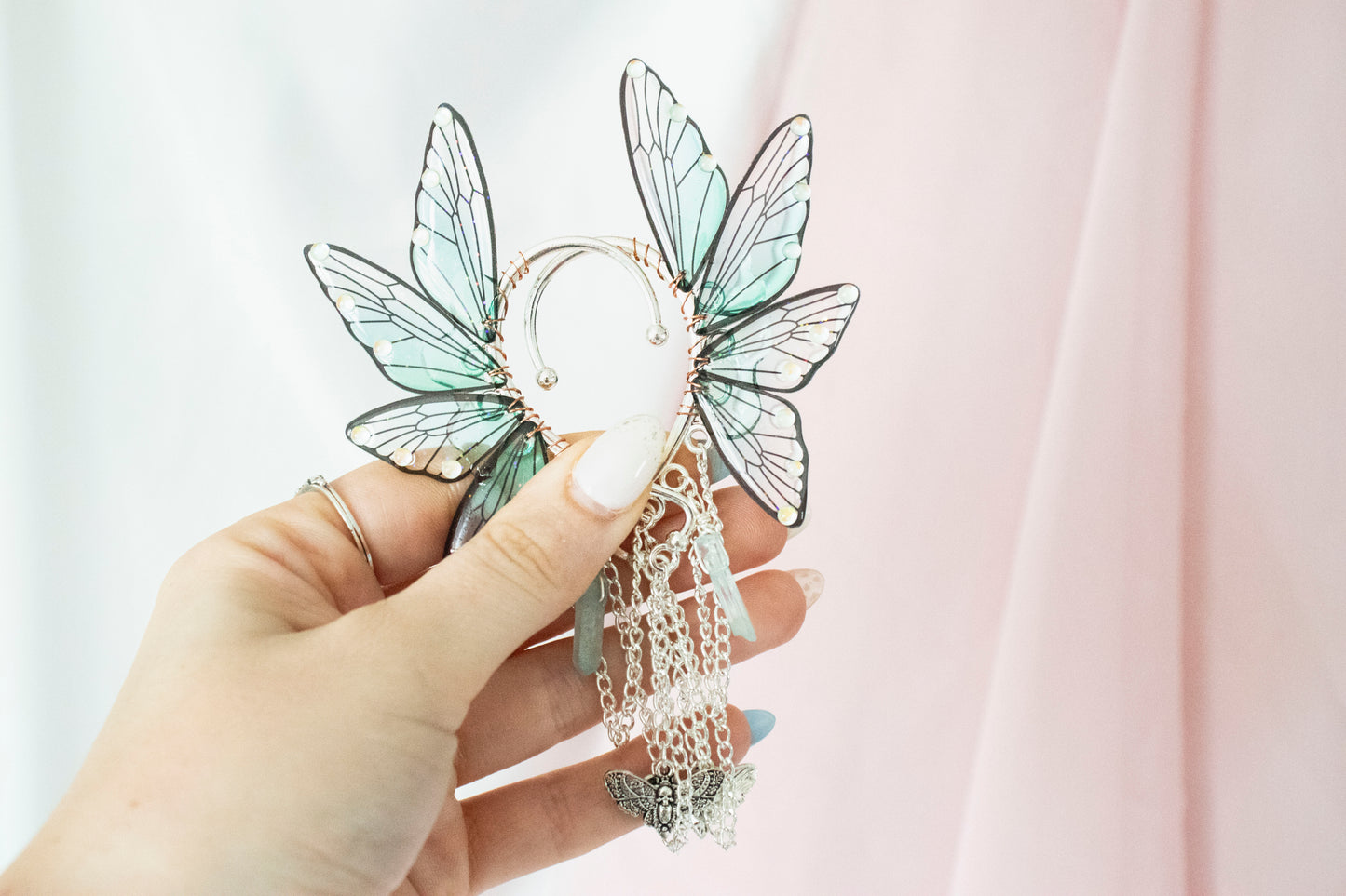 Silver + Teal Moth + Crystals Fairy Wing Ear Cuffs (Copy)