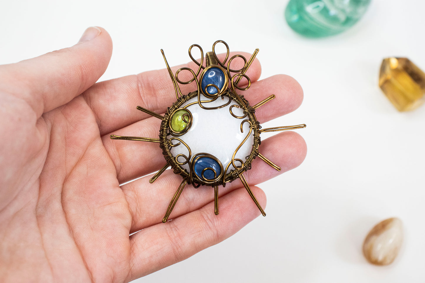 Ghost Agate x Peridot x Kyanite Sun Pendant