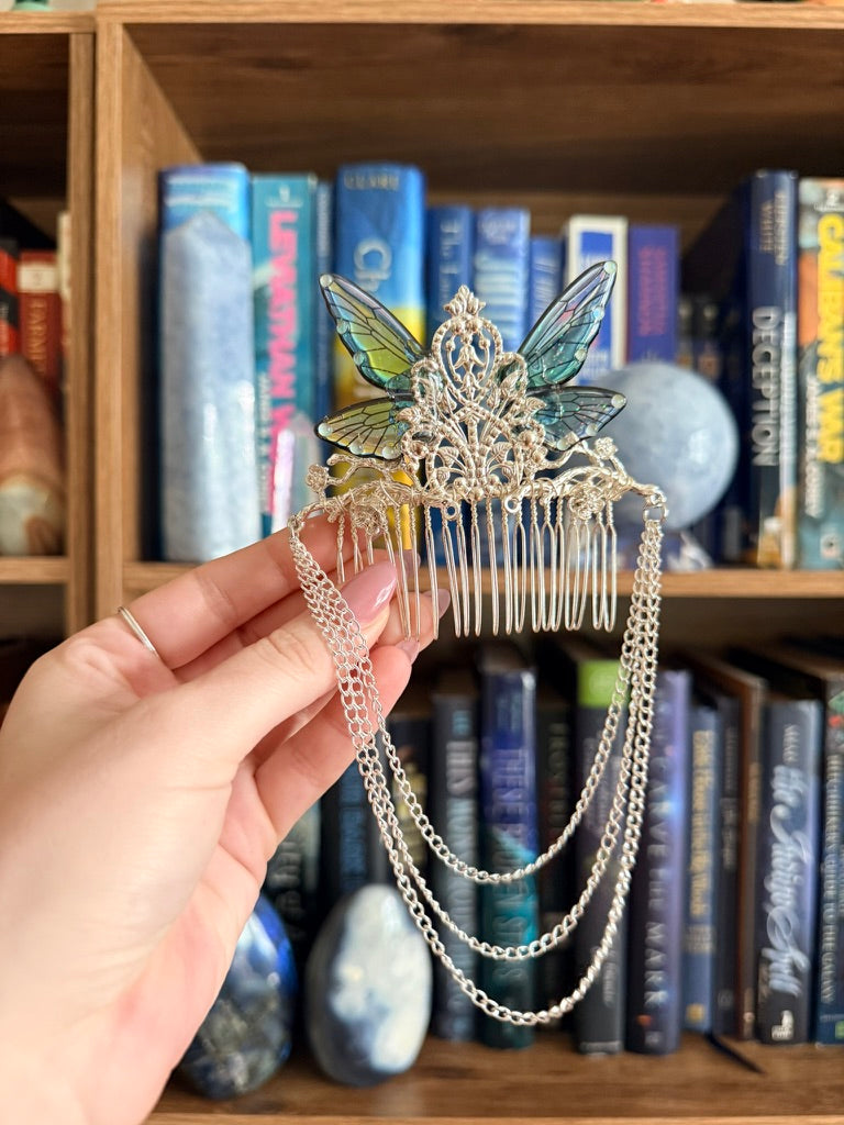 Silver + Teal Fairy Wing Hair Comb