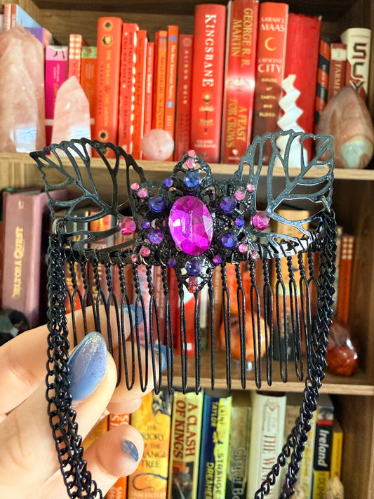 Black + Purple Flower Hair Comb