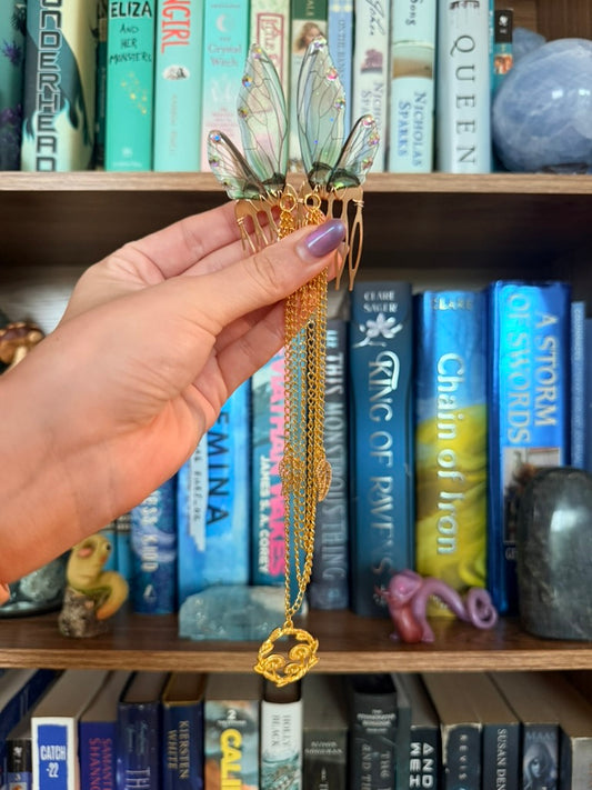 Gold + Green Mushroom Fairy Wing Hair Chains