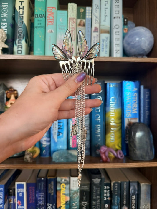 Silver + Sunset Bookwyrm Fairy Wing Hair Chains