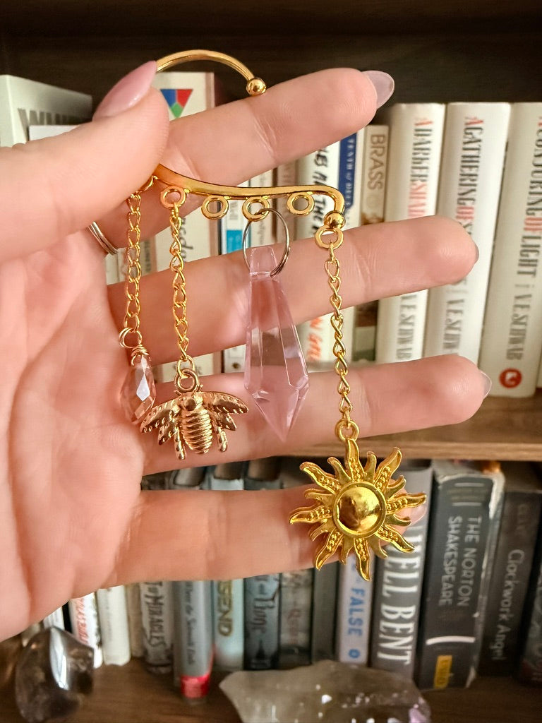 Gold Sun + Pink Crystal Ear Cuffs