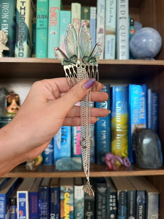 Silver + Green Luna Moth Fairy Wing Hair Chains
